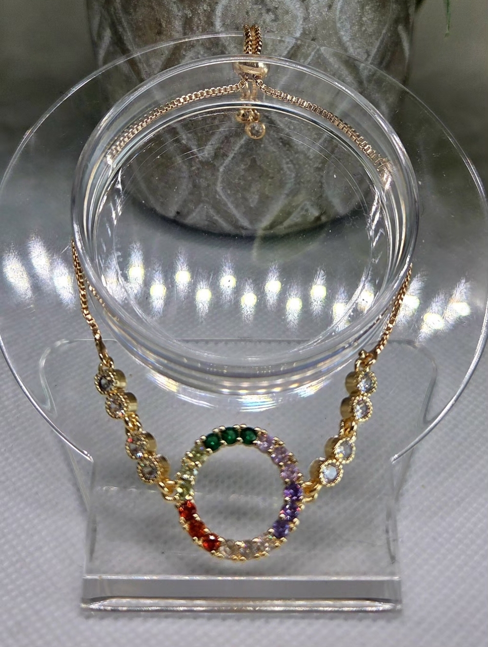 Gold-tone Multicolor Circle Pendant Bracelet - Adjustable